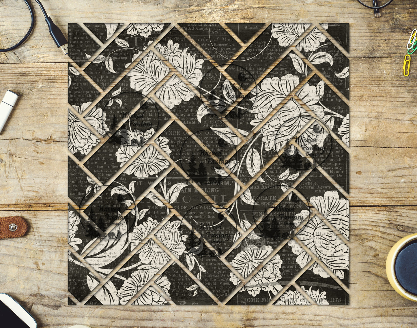 UVDTF Newsprint Floral Herringbone 20oz 30oz 10"x10"