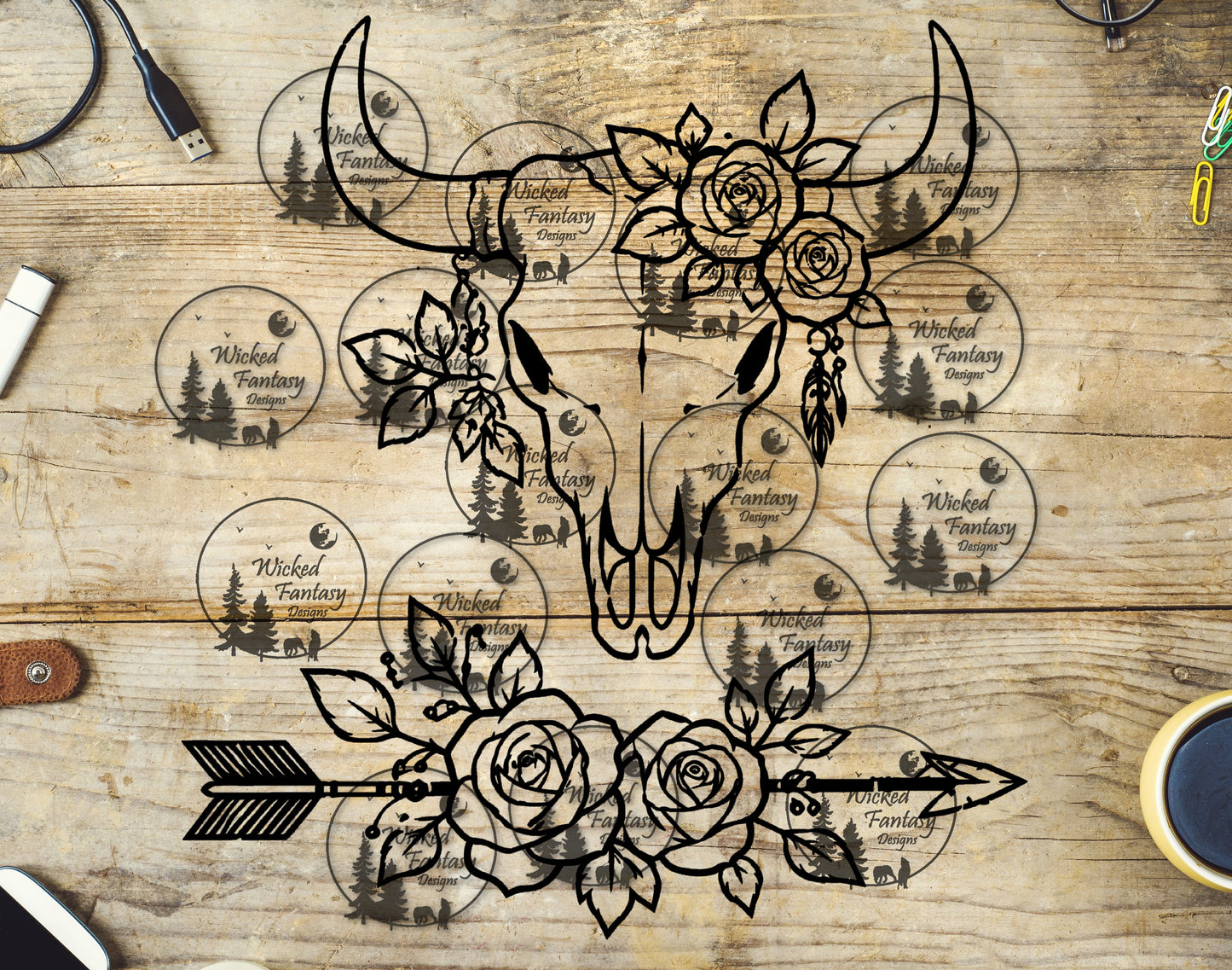 UVDTF Cow Skull and Arrow Line Art