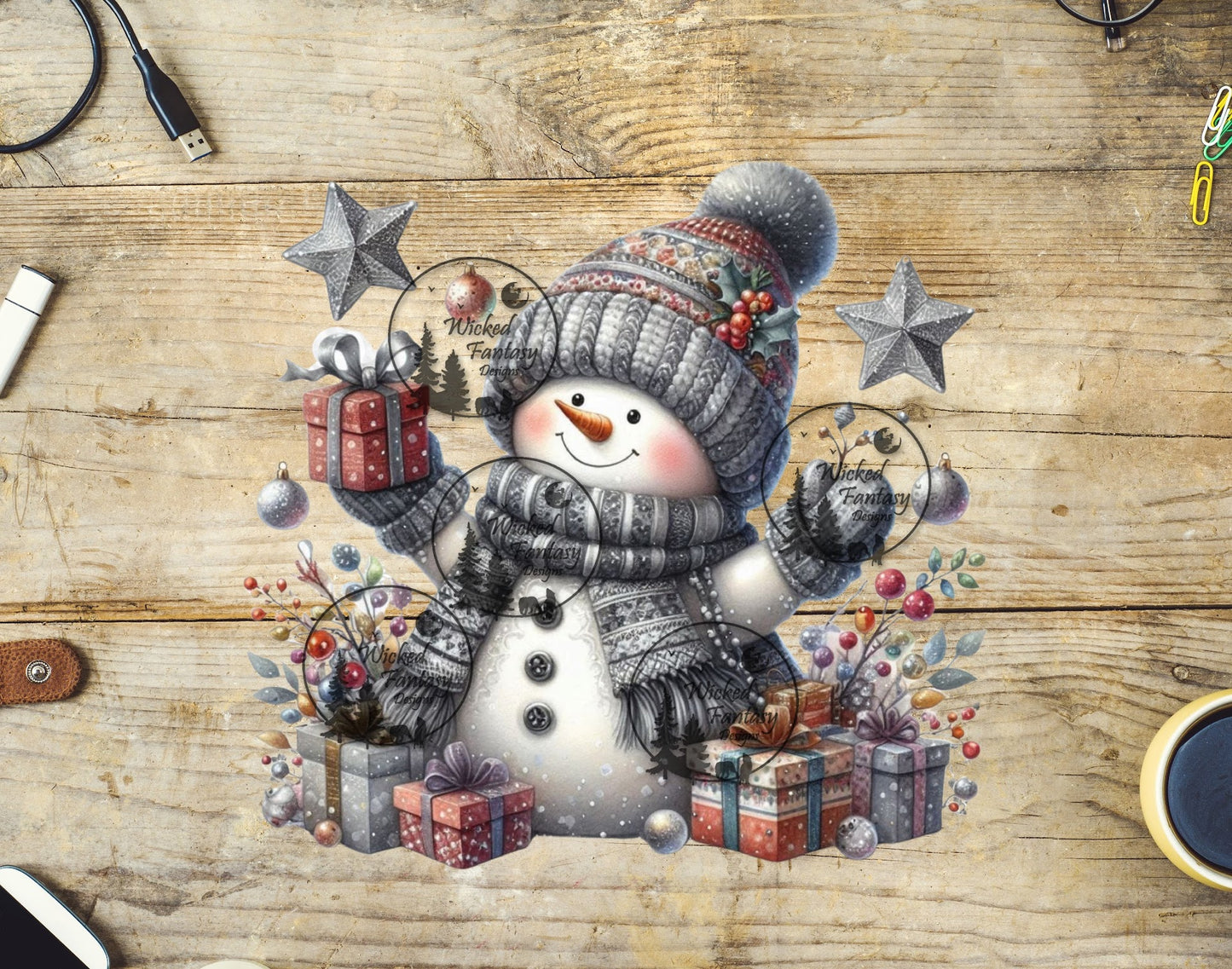 UVDTF Snowman with Grey Beanie and Scarf Presents