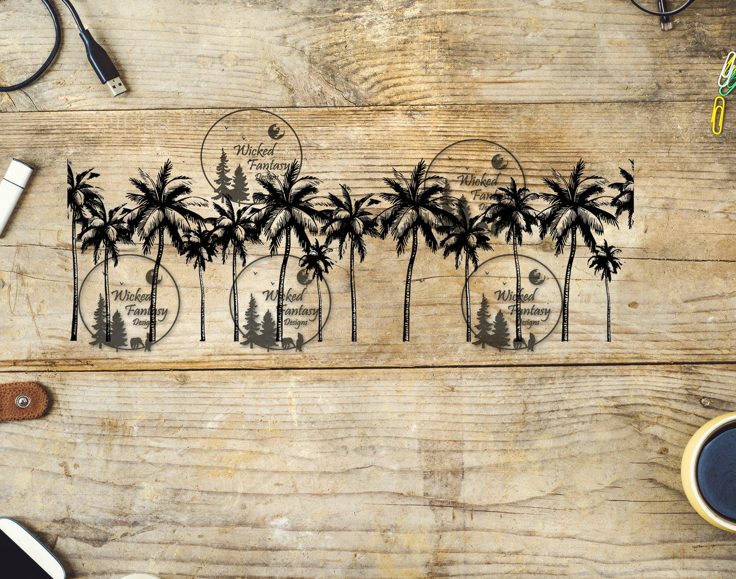 UVDTF Black and White Palm Trees Border Element 12"