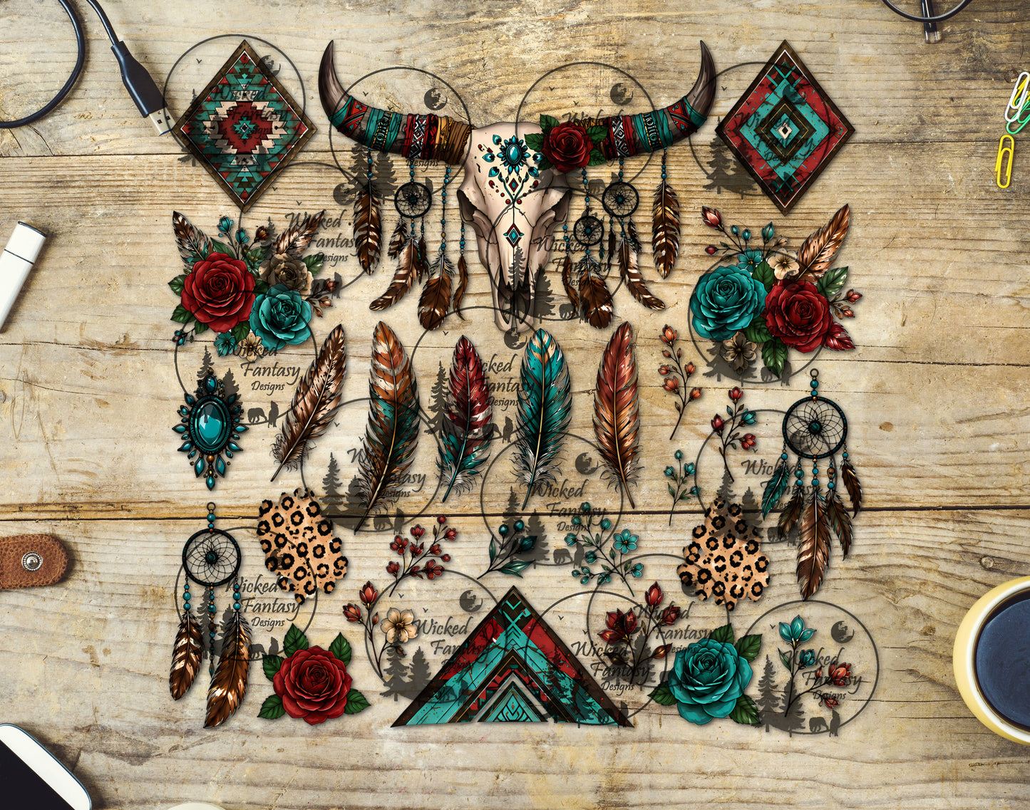 UVDTF Teal and Red Boho Cow Skull 11x11" Element Sheet