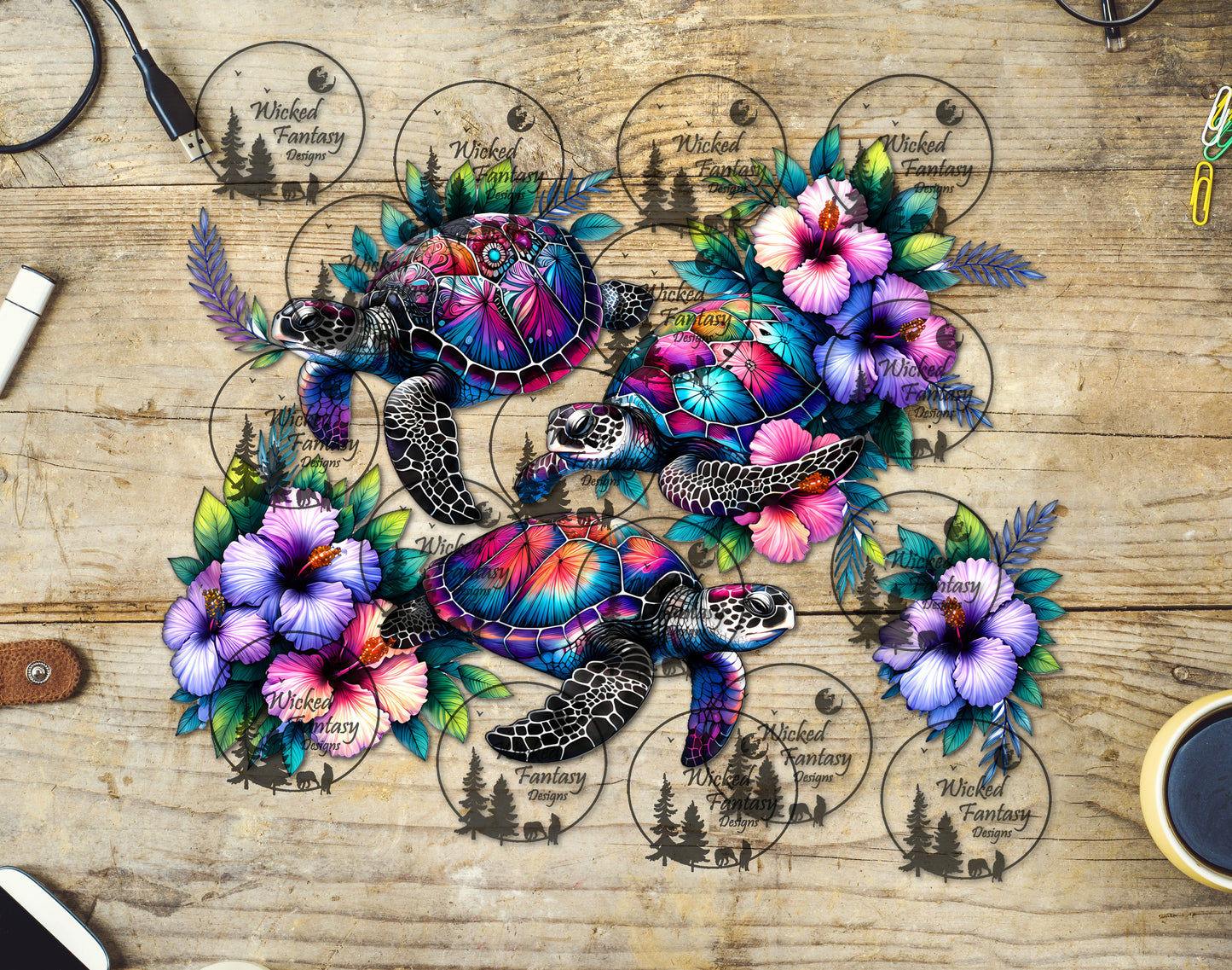 UVDTF Purple Gradient Sea Turtles and Hibiscus