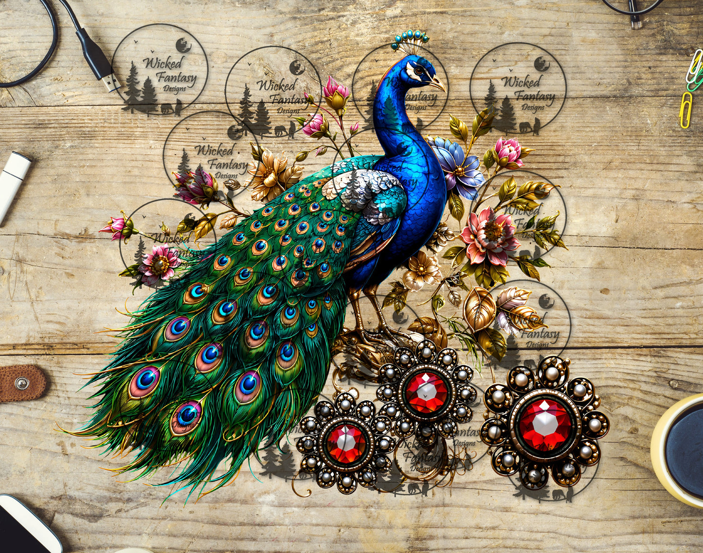 UVDTF Peacock with Pink Florals and Red Jeweled Conchos