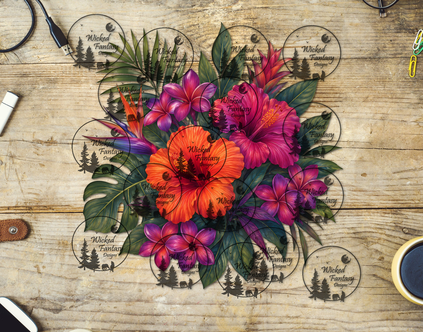 UVDTF Fuchsia Orange Hibiscus and Plumeria