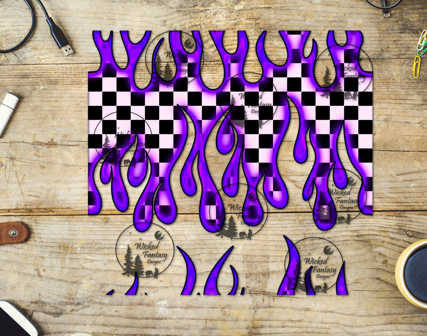 UVDTF Electric Purple Neon Checkered Flames 20oz 30oz 10"x10" Element