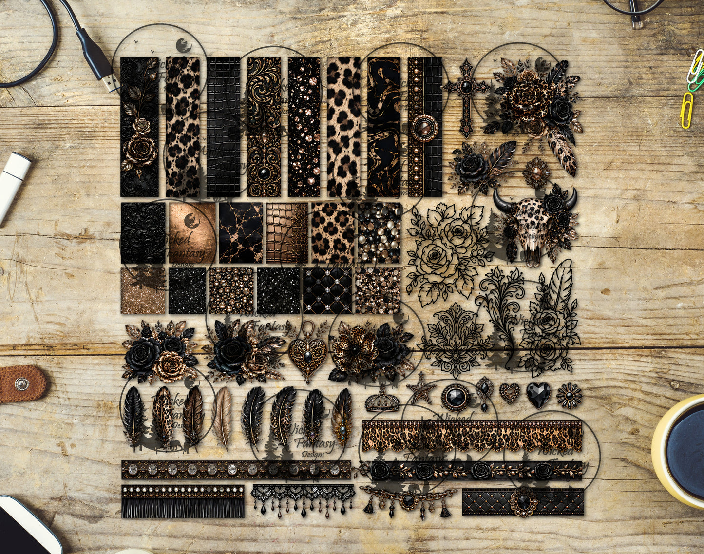 UVDTF Golden Leopard Luxe Cow Skull Multimedia Element Sheet