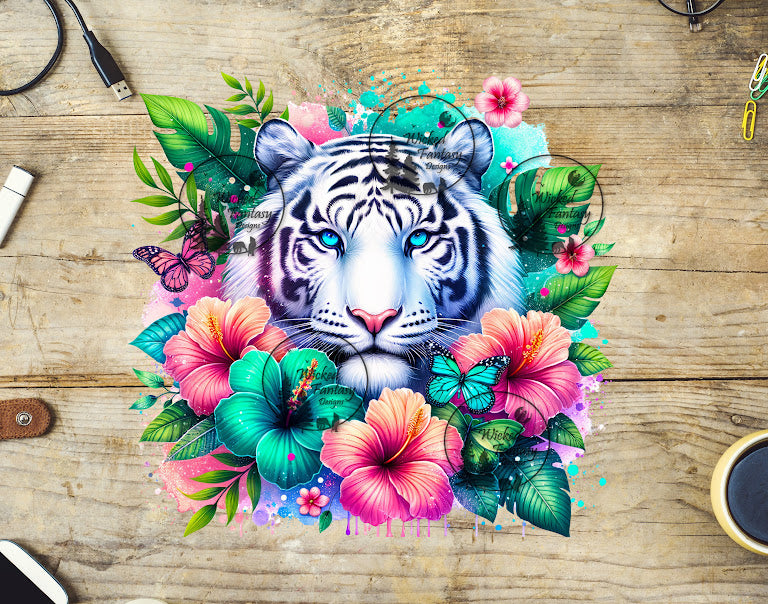 UVDTF White Tiger with Flowers and Butterflies