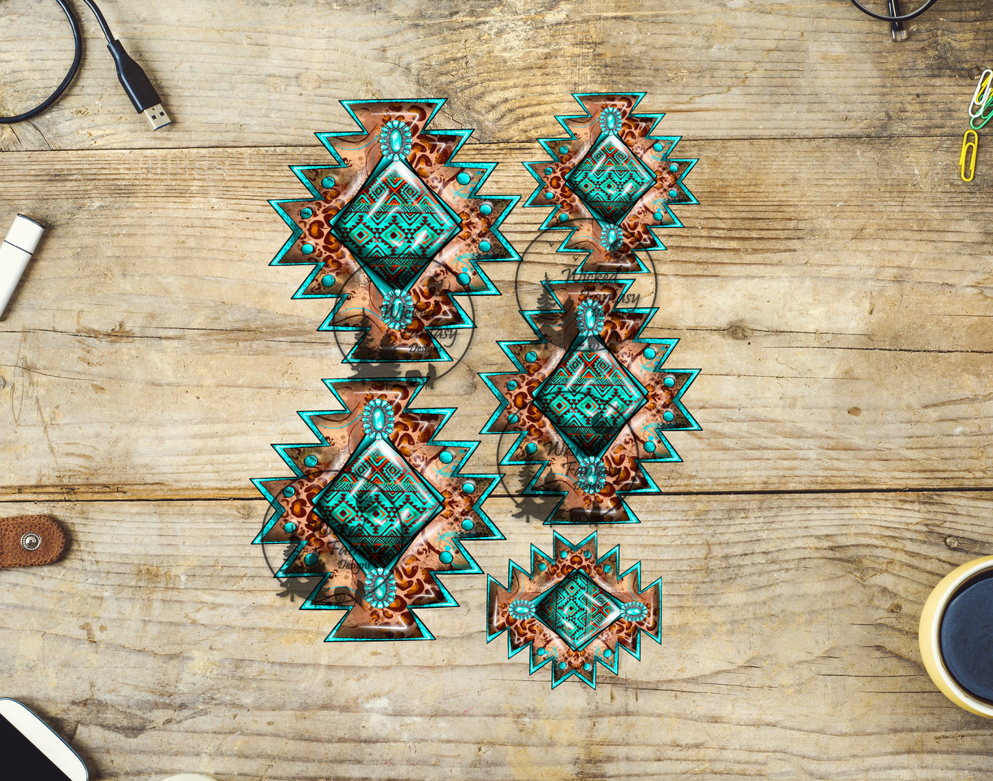 UVDTF Decal Tumbler Element Western Conchos Leopard Print Aztec Turquoise 5"x6.5" Transparent Background Sticker 1pc