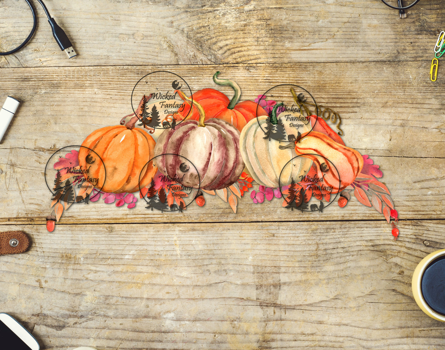 UVDTF Watercolor Pumpkins and Gourds Border Element 12"