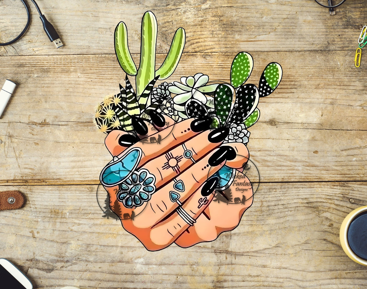 UVDTF Hands Holding Cactus and Succulents Turquoise Rings