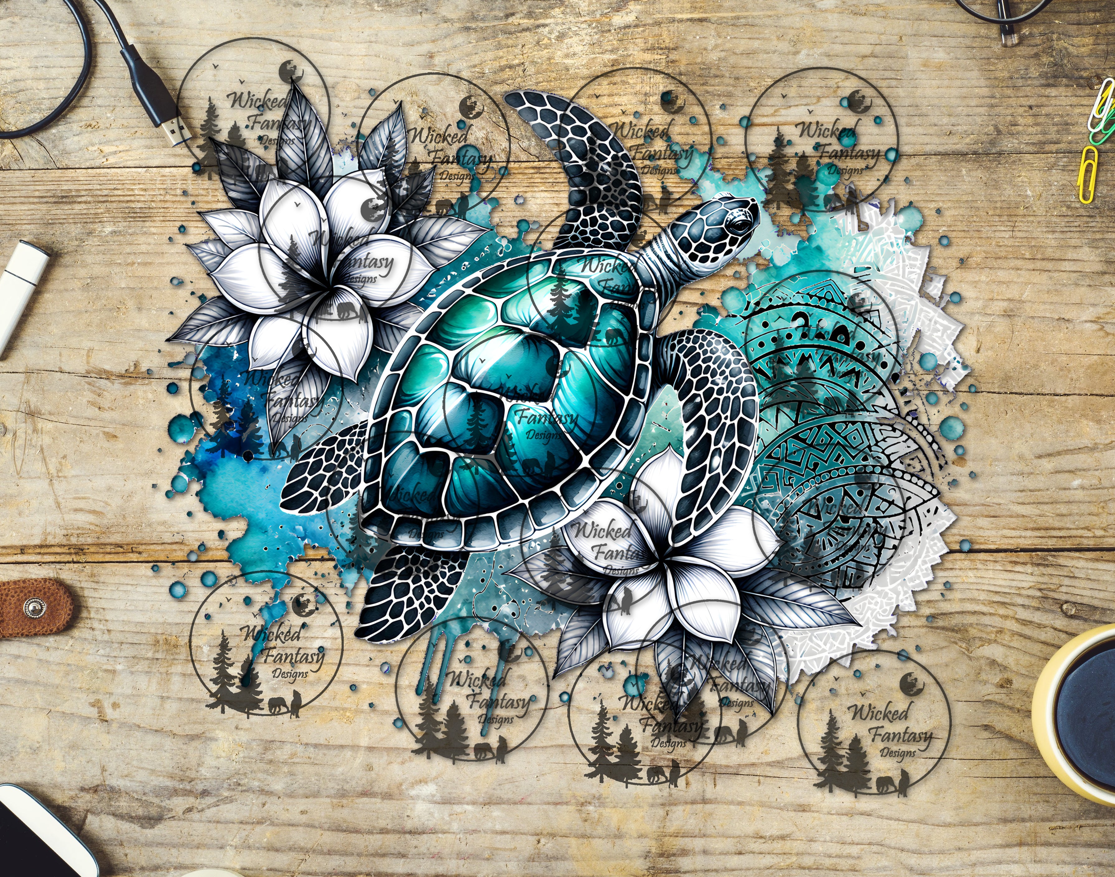 UVDTF Sea Turtle with White Flowers – Wicked Fantasy Designs