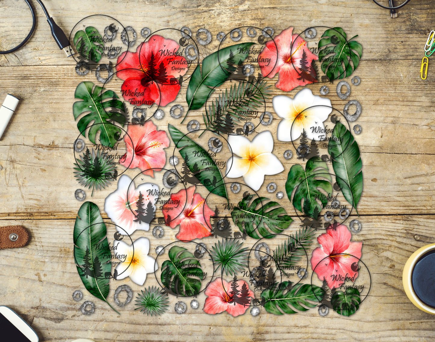 UVDTF Hibiscus and Monstera Leaves 11x11" Element Sheet