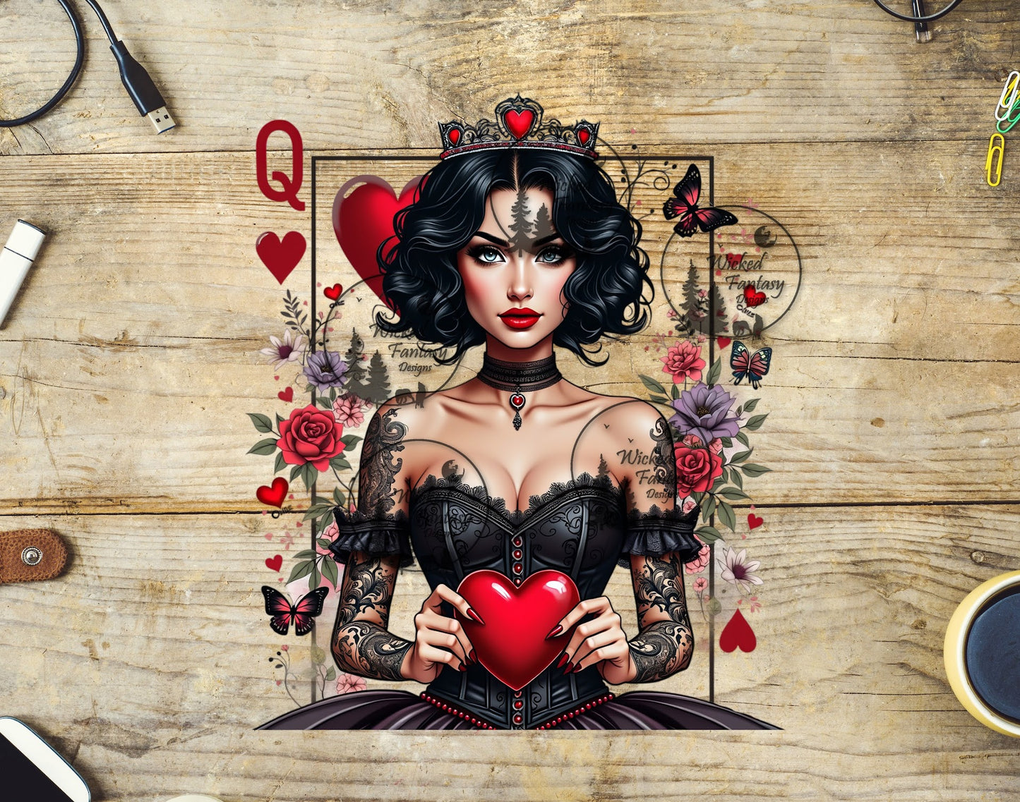 UVDTF Queen of Hearts with Flowers and Butterflies