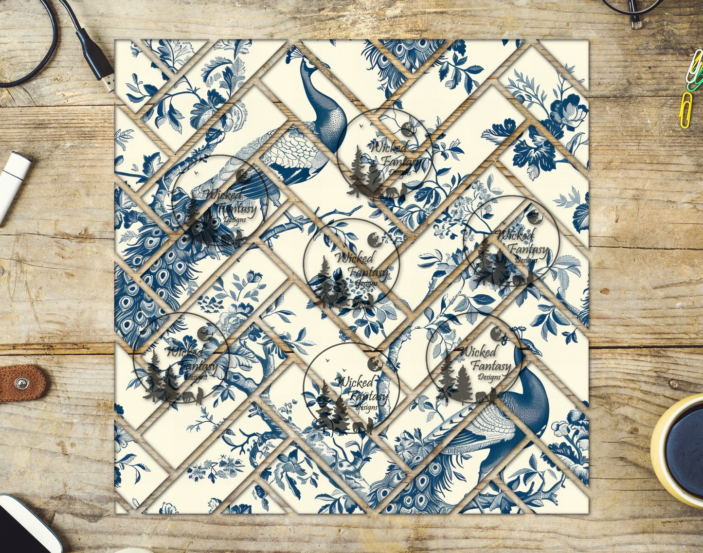 UVDTF Chinoiserie Peacock Herringbone 20oz 30oz 10"x10"