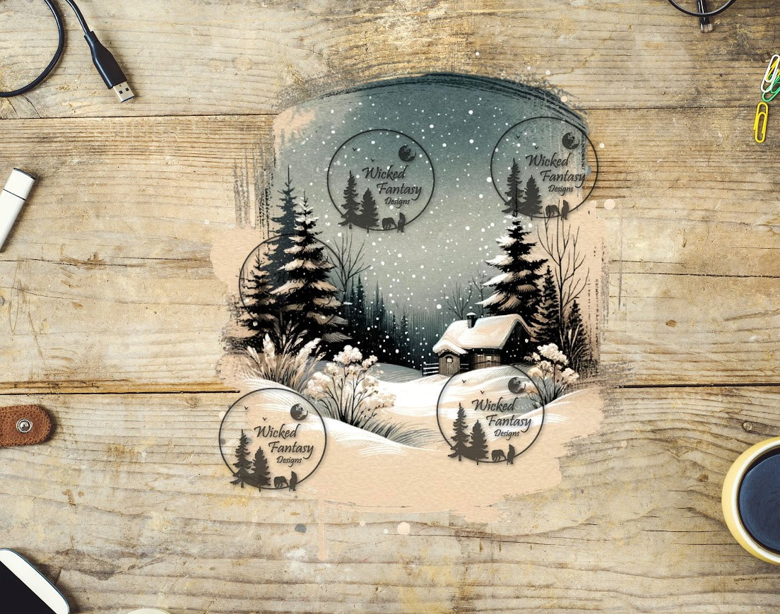 UVDTF Snow Covered Cabin in the Woods