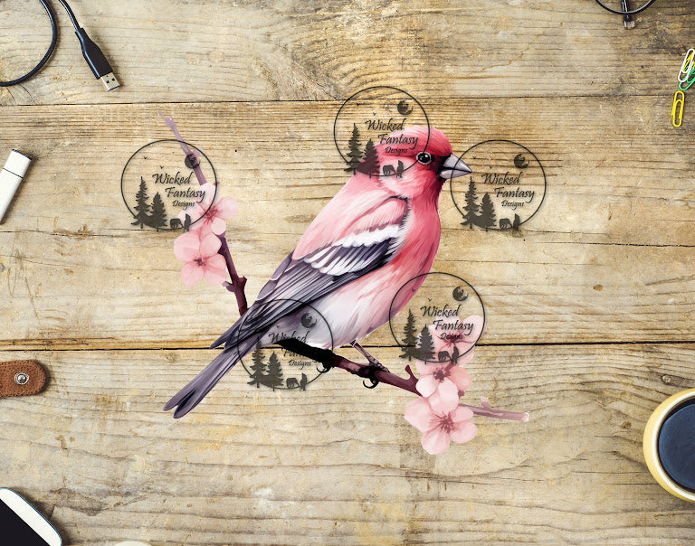 UVDTF Pink Bird on Branch with Cherry Blossoms