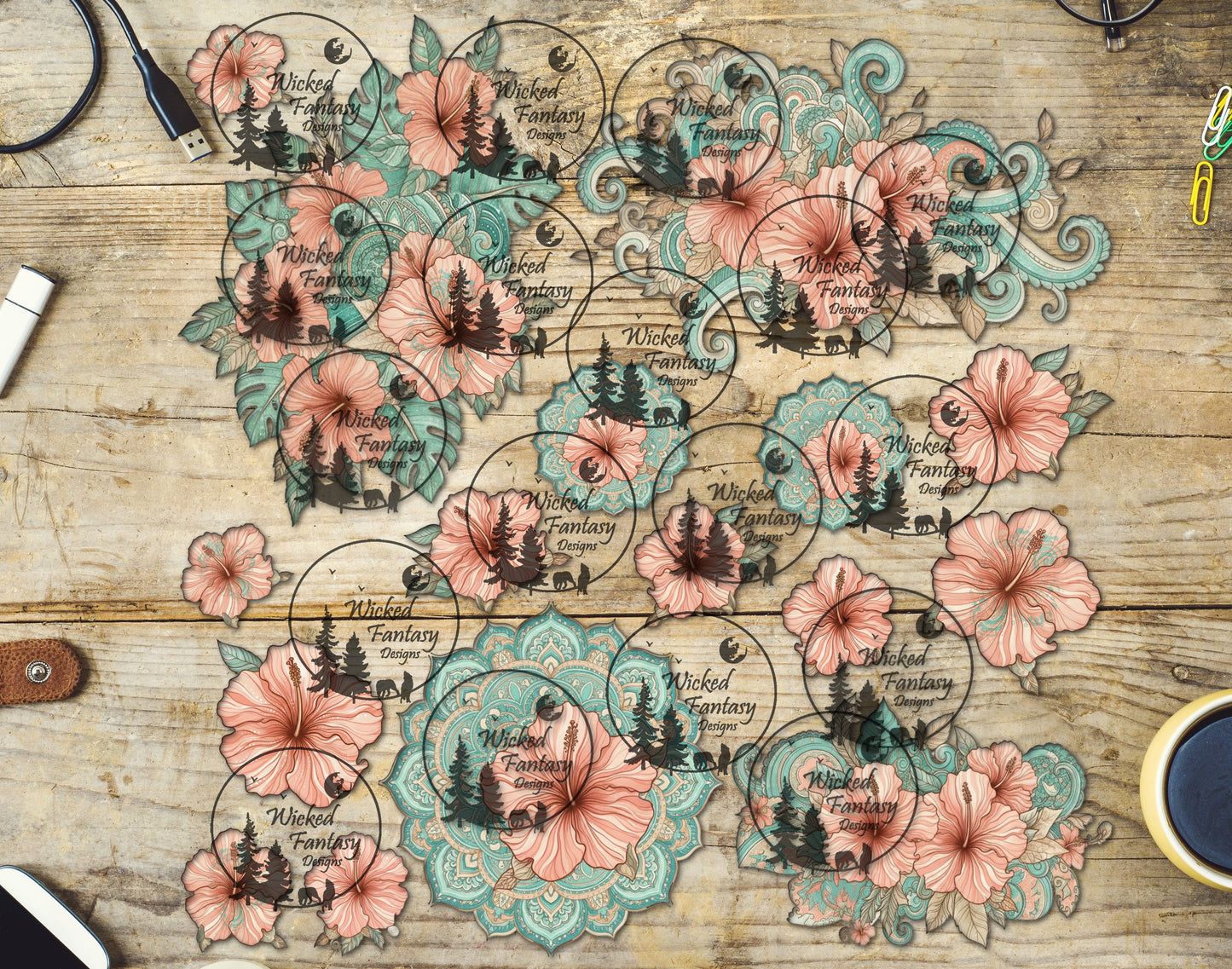 UVDTF Tropical Hibiscus and Mandalas 12x12" Element Sheet