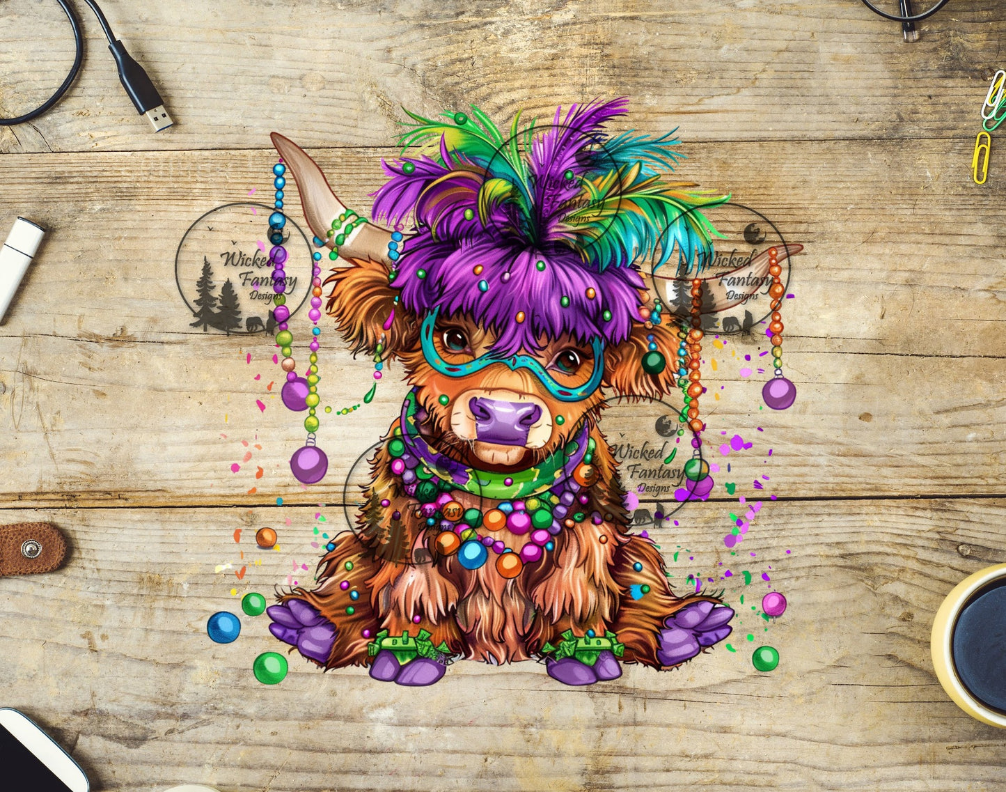 UVDTF Mardi Gras Highland Cow with Feathers and Beads
