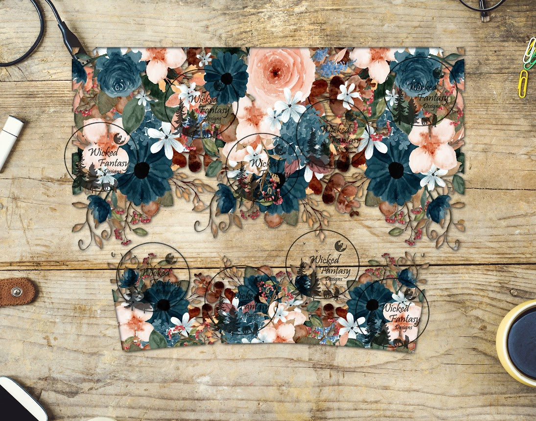UVDTF Peach and Blue Floral 16oz 40oz Tumbler Wrap
