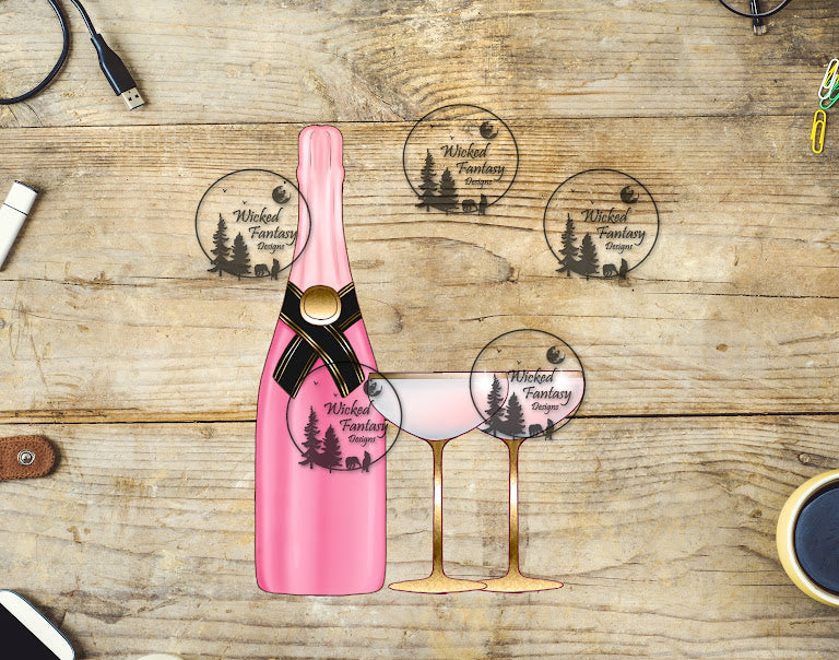 UVDTF Pink Champagne Bottle and Glasses