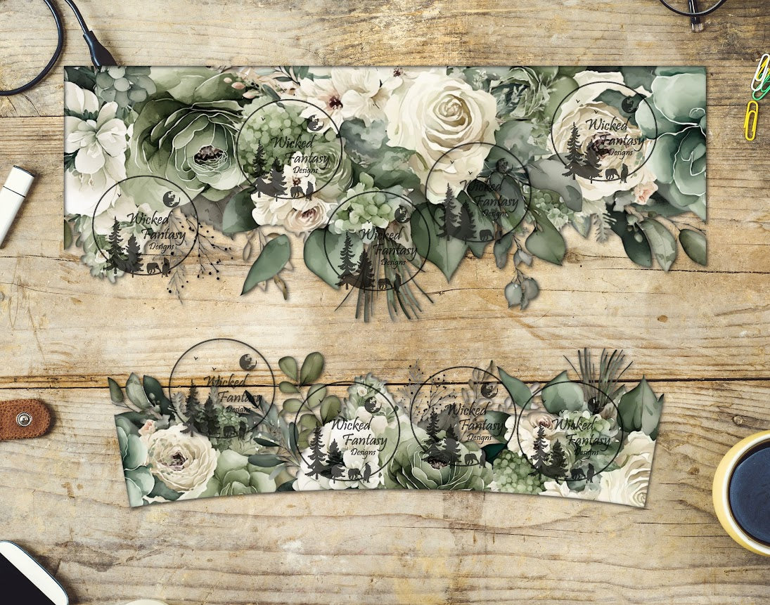 UVDTF White and Green Floral 16oz 40oz Tumbler Wrap