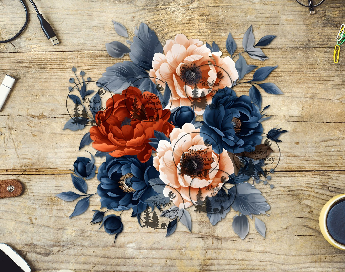 UVDTF Navy and Rust Floral Arrangement