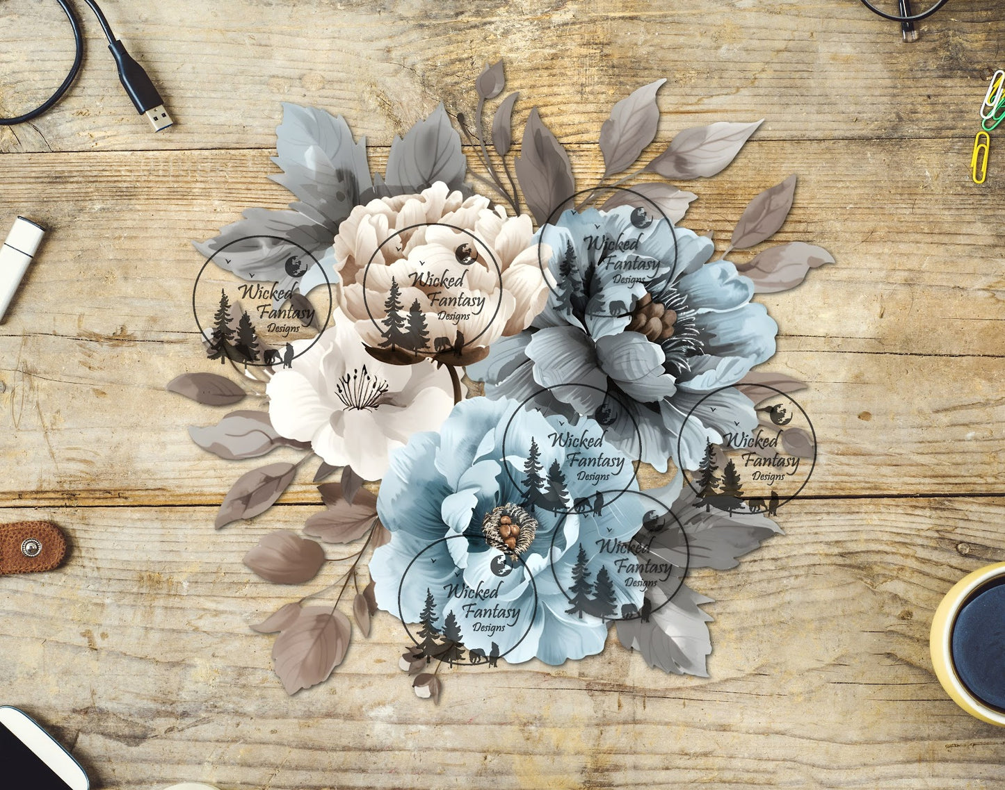 UVDTF Ivory and Dusty Blue Floral Arrangement