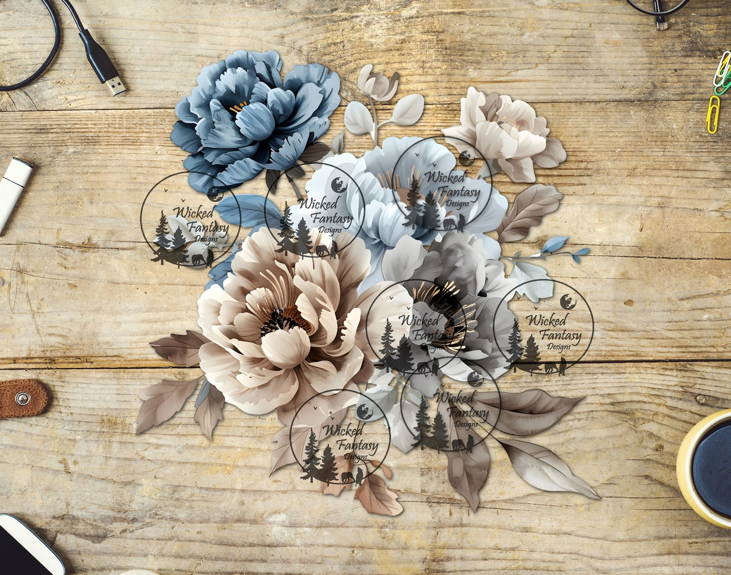 UVDTF Blue and Ivory Floral Arrangement