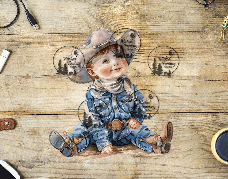 UVDTF Young Cowboy Sitting in Boots and Hat