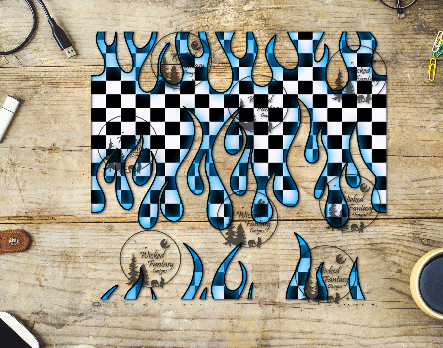 UVDTF Aqua Checkered Flames 20oz 30oz 10"x10" Element