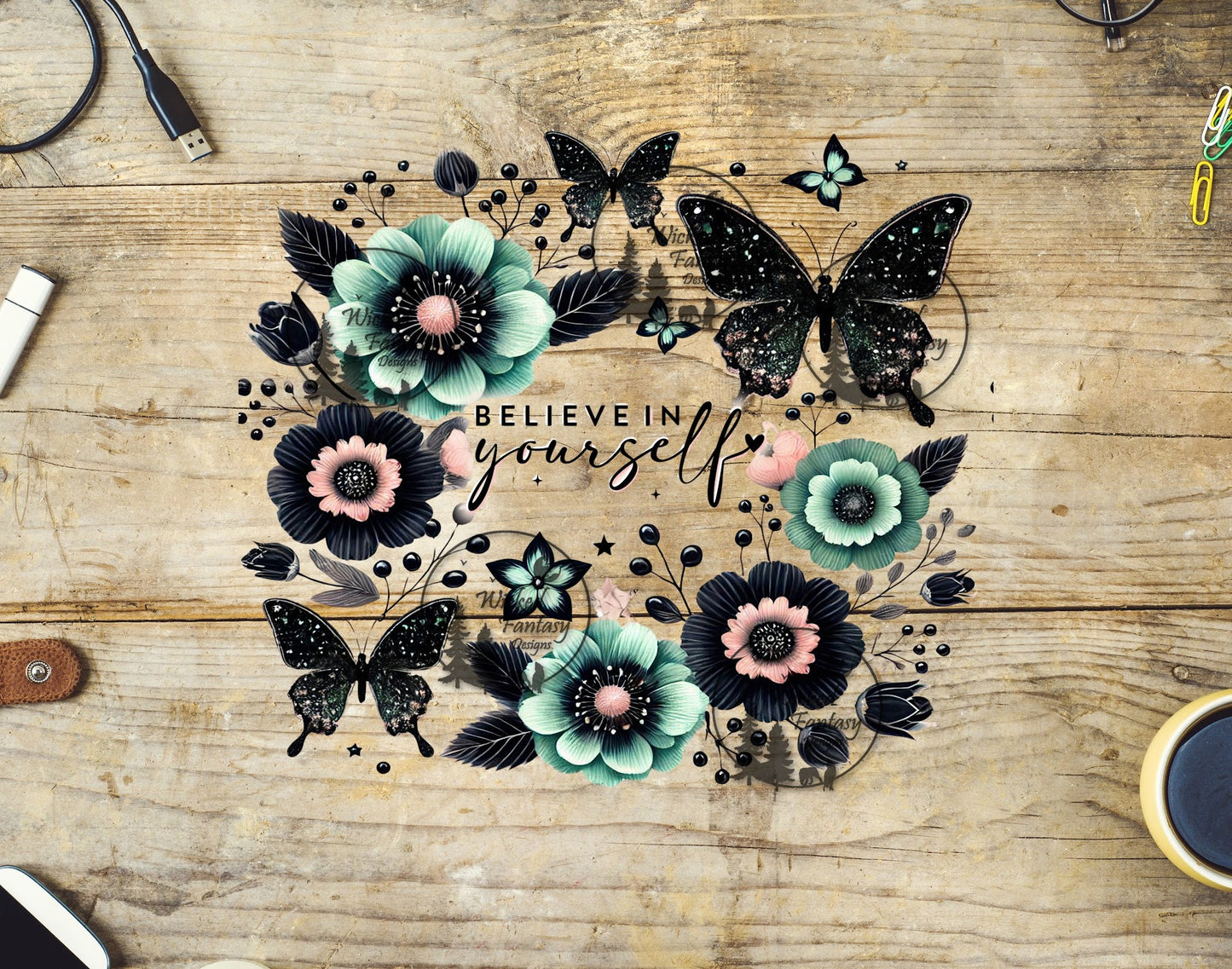 UVDTF Believe in Yourself Mint and Black Flowers and Butterflies