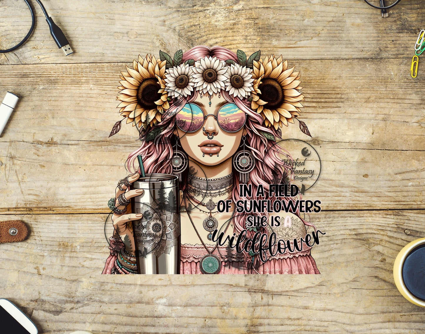 UVDTF In a Field of Sunflowers She is a Wildflower