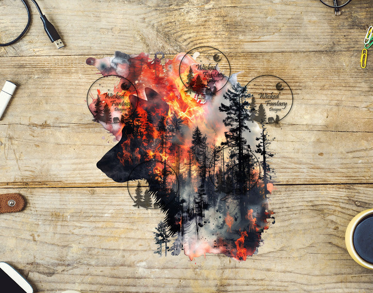 UVDTF Double Exposure Wolf and Forest with Flames
