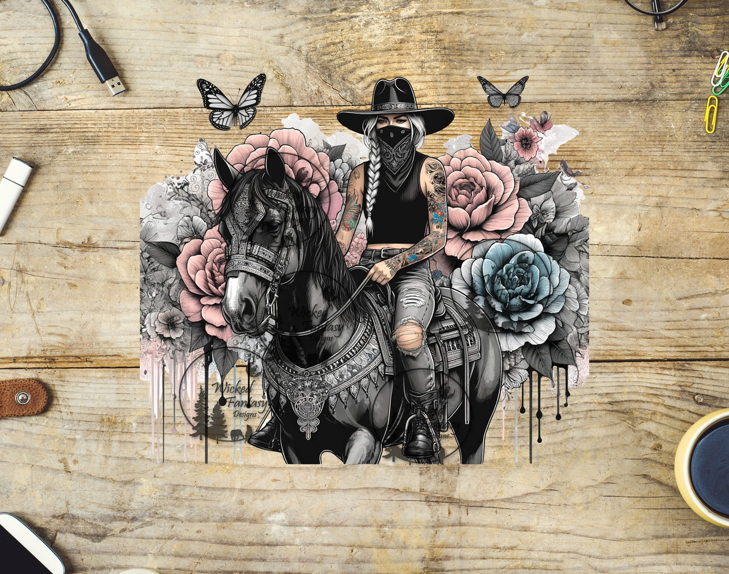 UVDTF Dark Horse and Rider Dripping Flowers and Butterflies