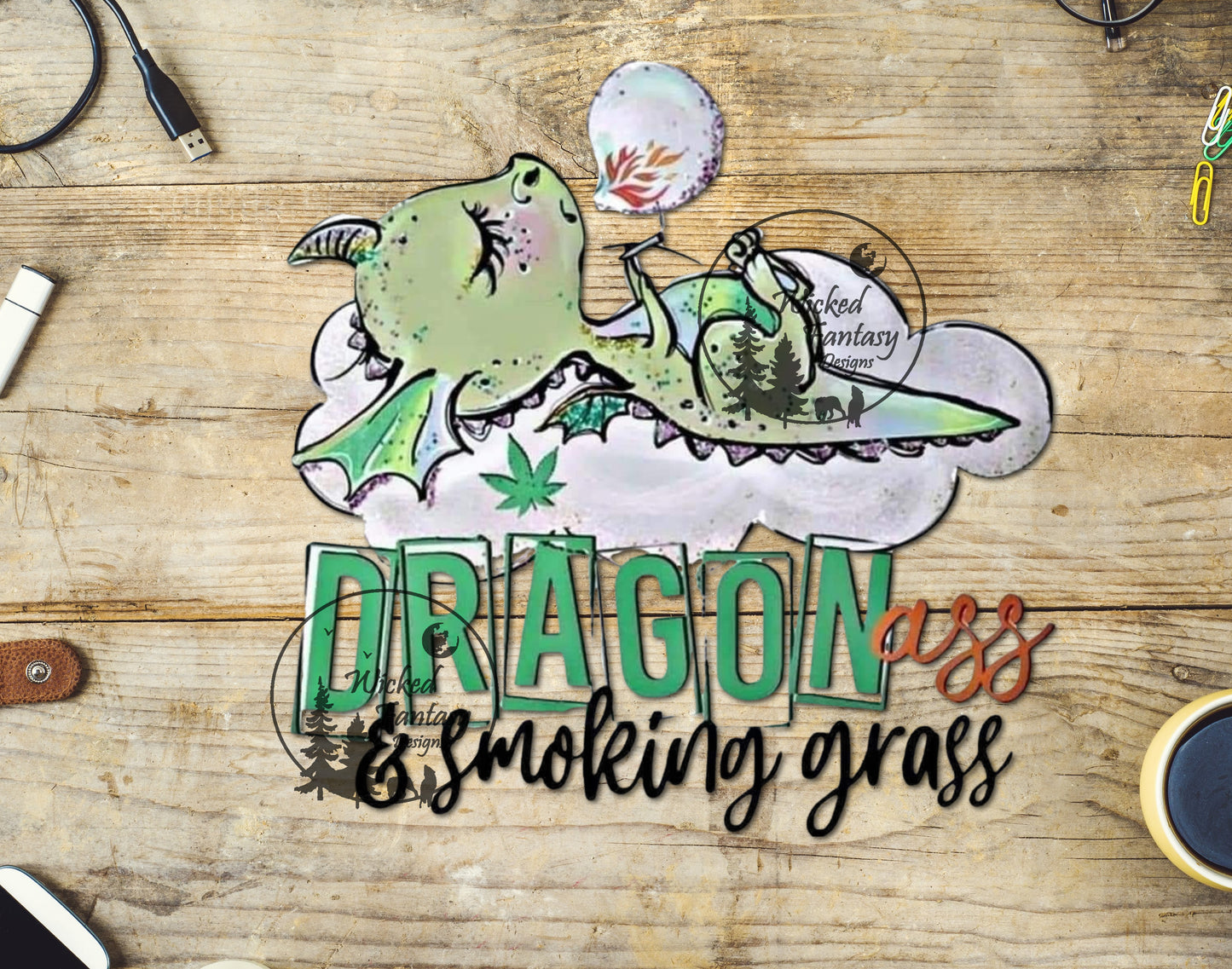 UVDTF Decal Dragonass and Smoking Grass Lazy Dragon Cartoon Funny 1pc