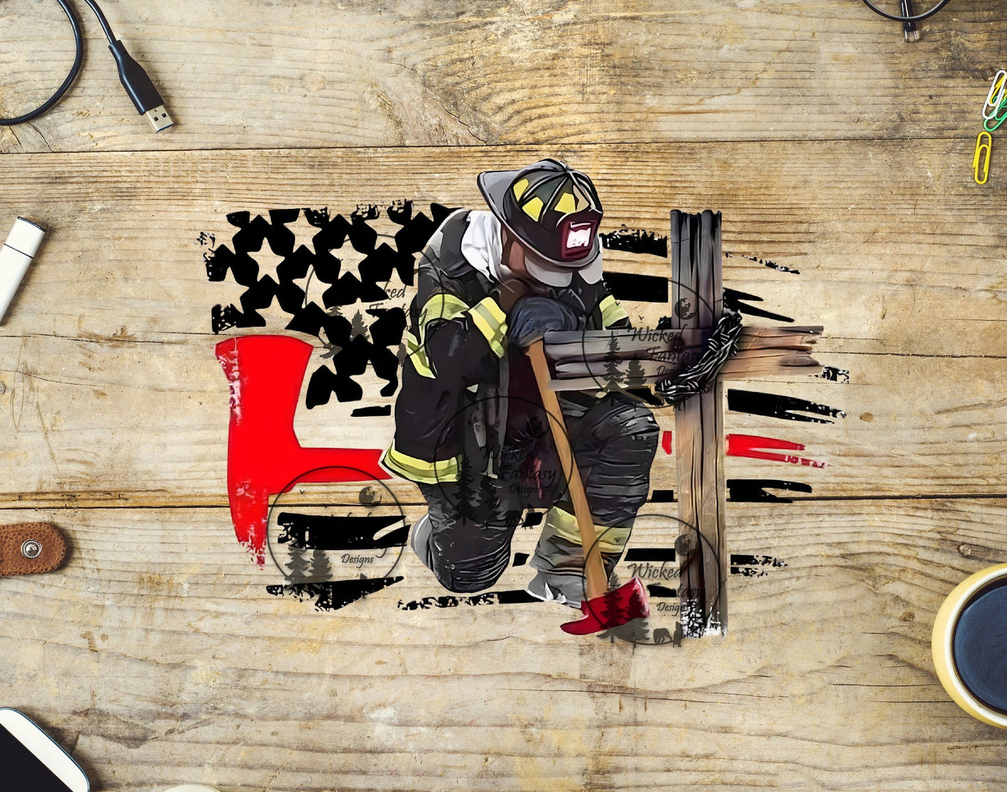 UVDTF Kneeling Firefighter American Flag