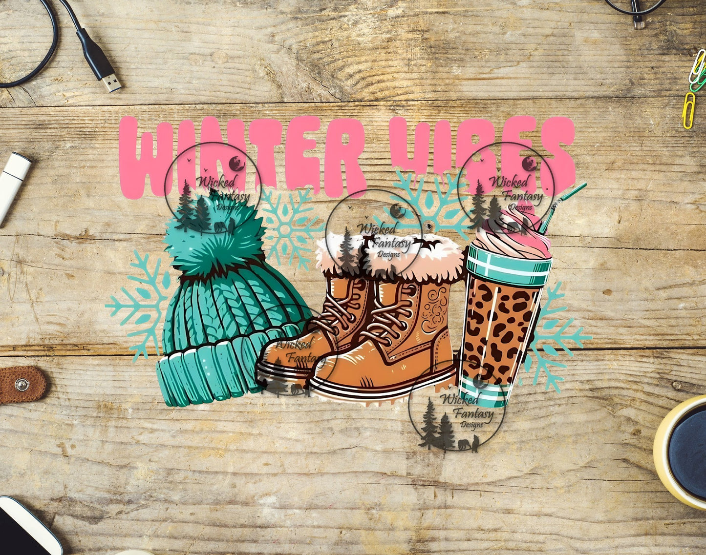 UVDTF Winter Vibes Teal Beanie and Boots