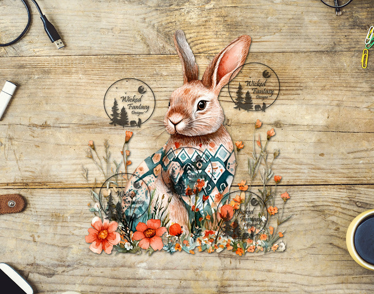 UVDTF Boho Rabbit with Coral Flowers