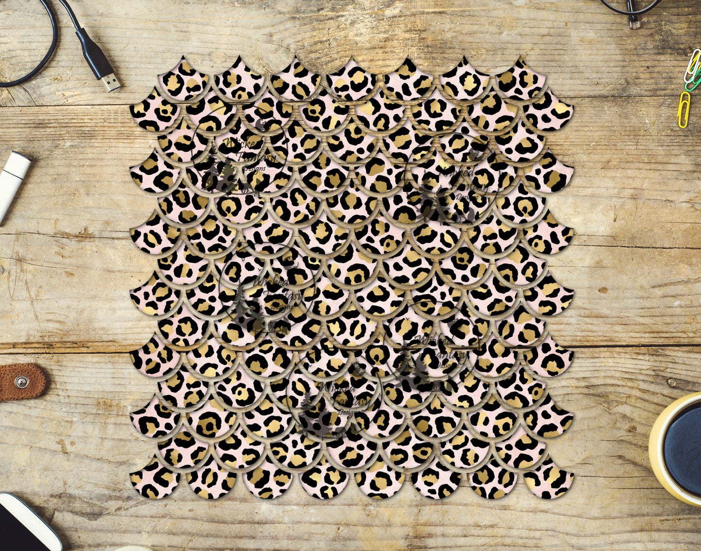 UVDTF Gold and Pink Leopard Print Mermaid Scales 10"x10" Element