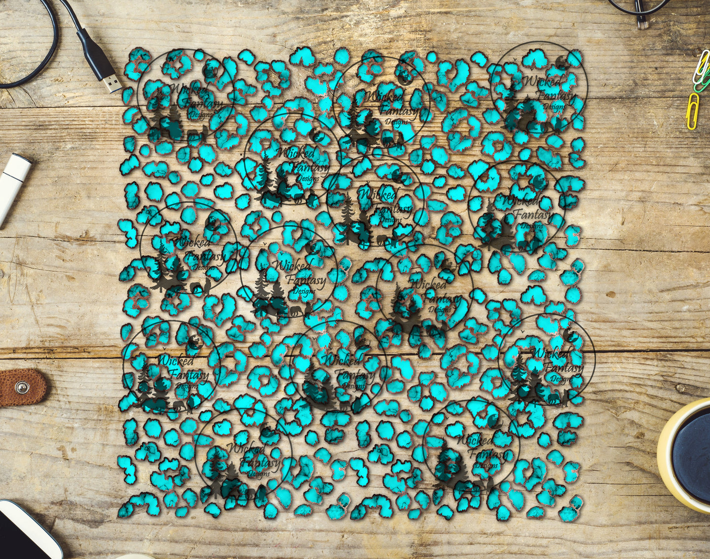 UVDTF Turquoise and Leather Small Leopard Print Element 10"x10"