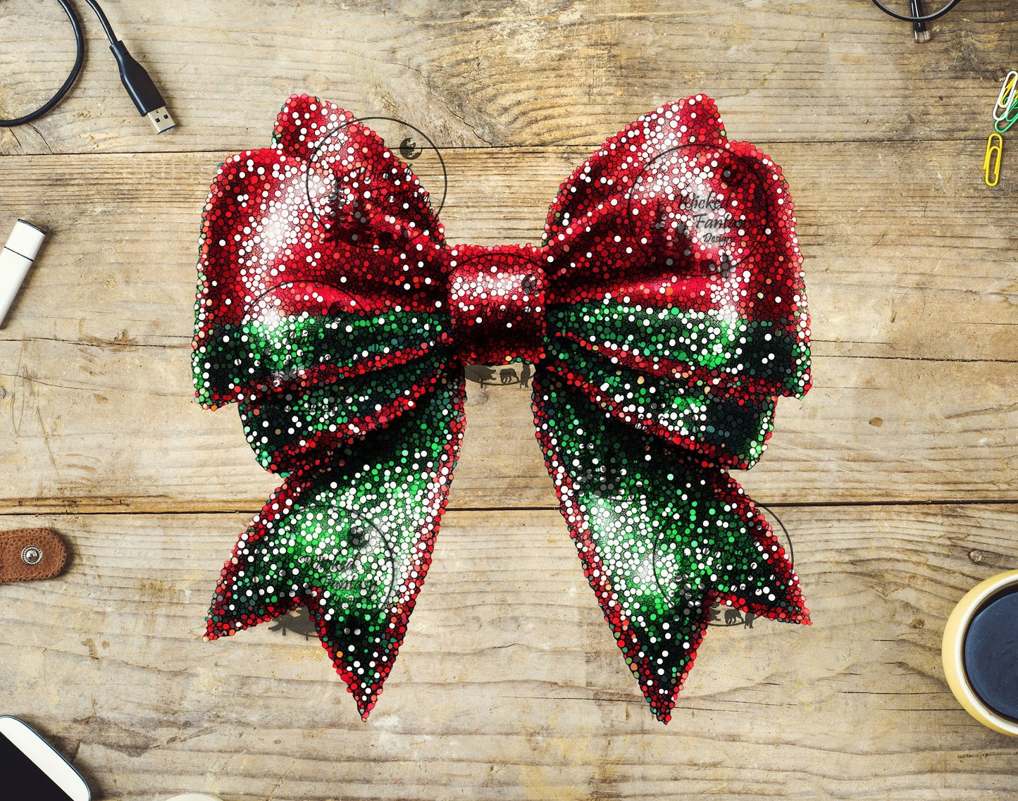 UVDTF Red and Green Faux Glitter Bow