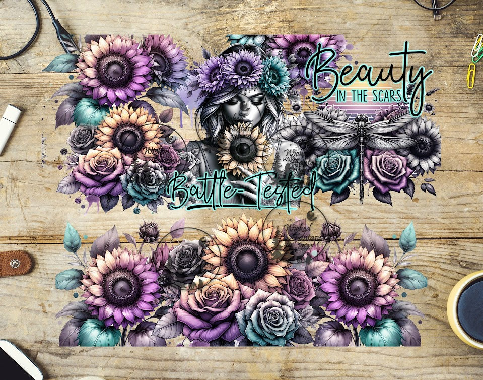 A decal featuring sunflowers, roses, and text elements