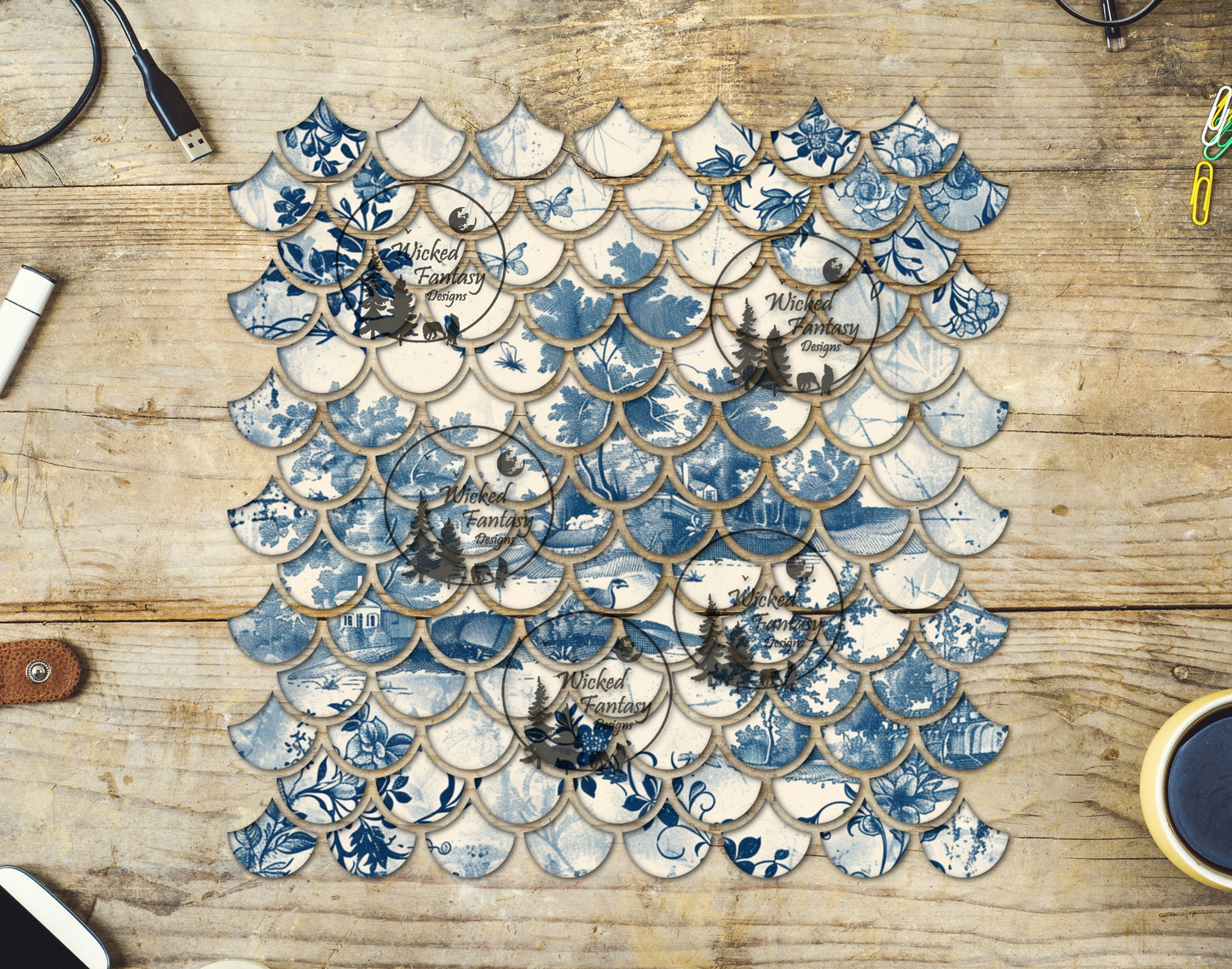 UVDTF Blue Chinoiserie Mermaid Scales 10"x10" Element