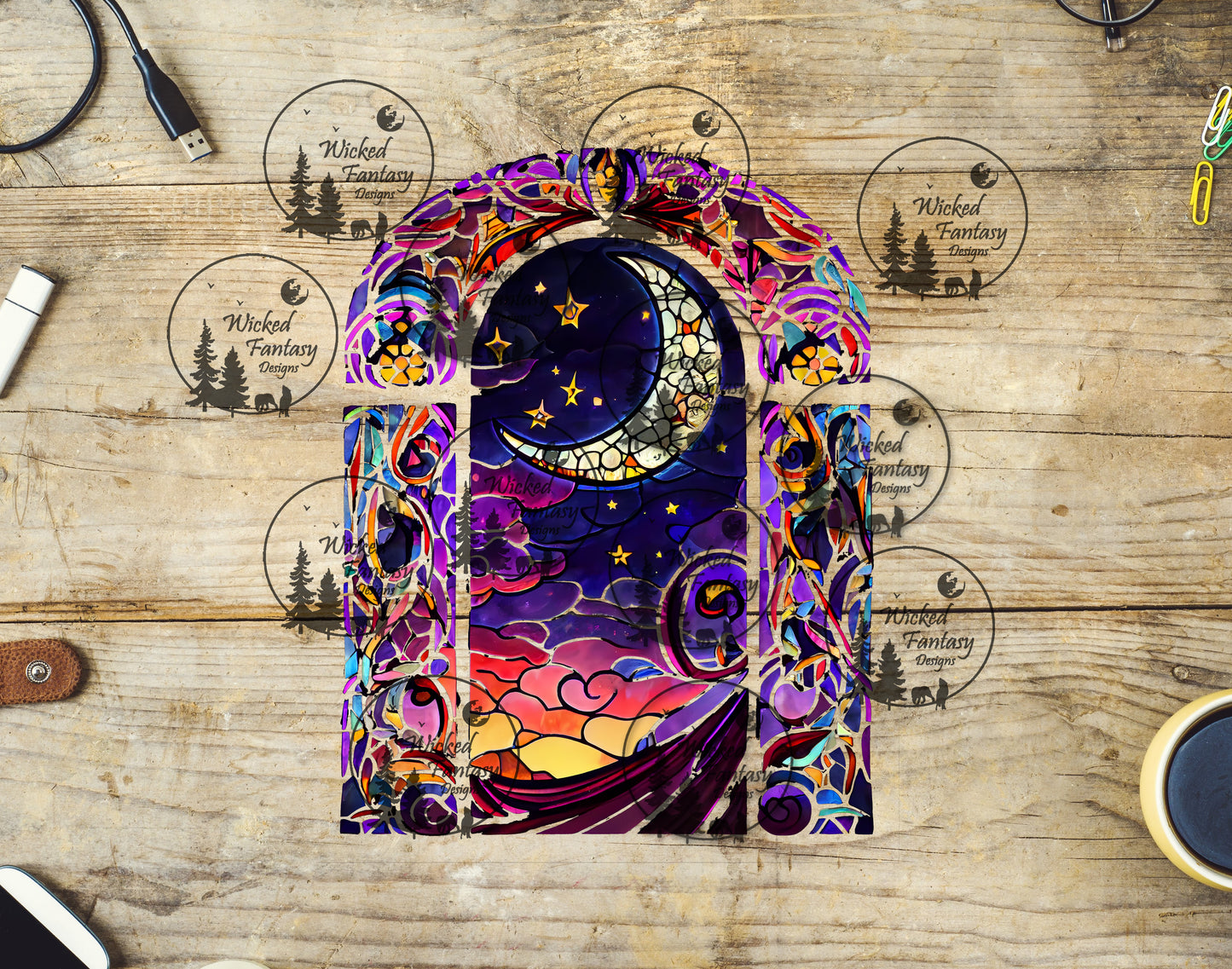 UVDTF Moon Sunset Stained Glass Window