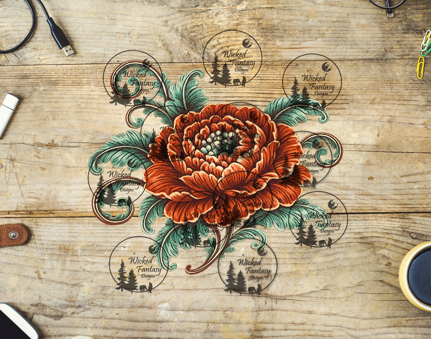 UVDTF Teal and Rust Tooled Flower