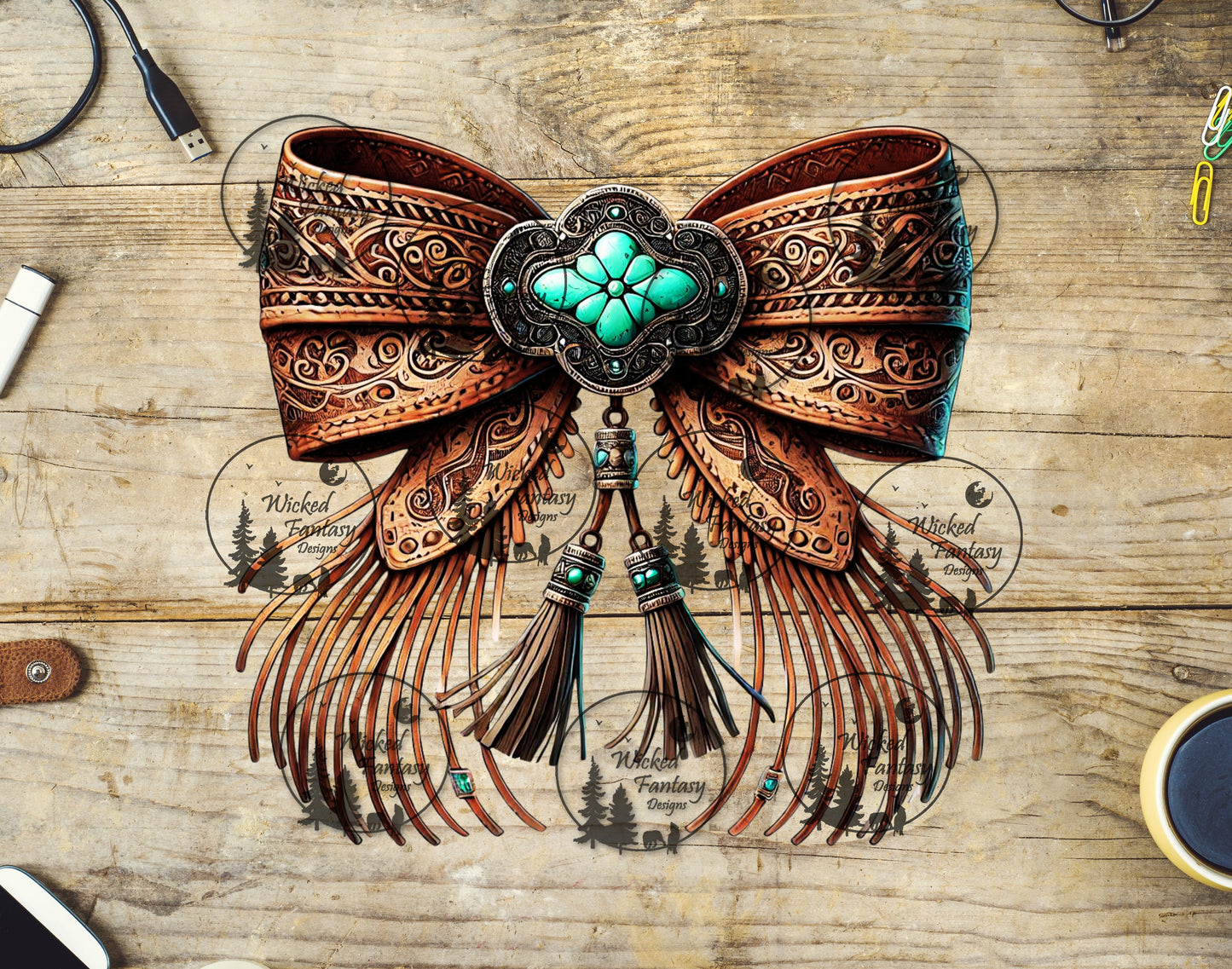 UVDTF Tooled Leather Bow with Concho and Fringe