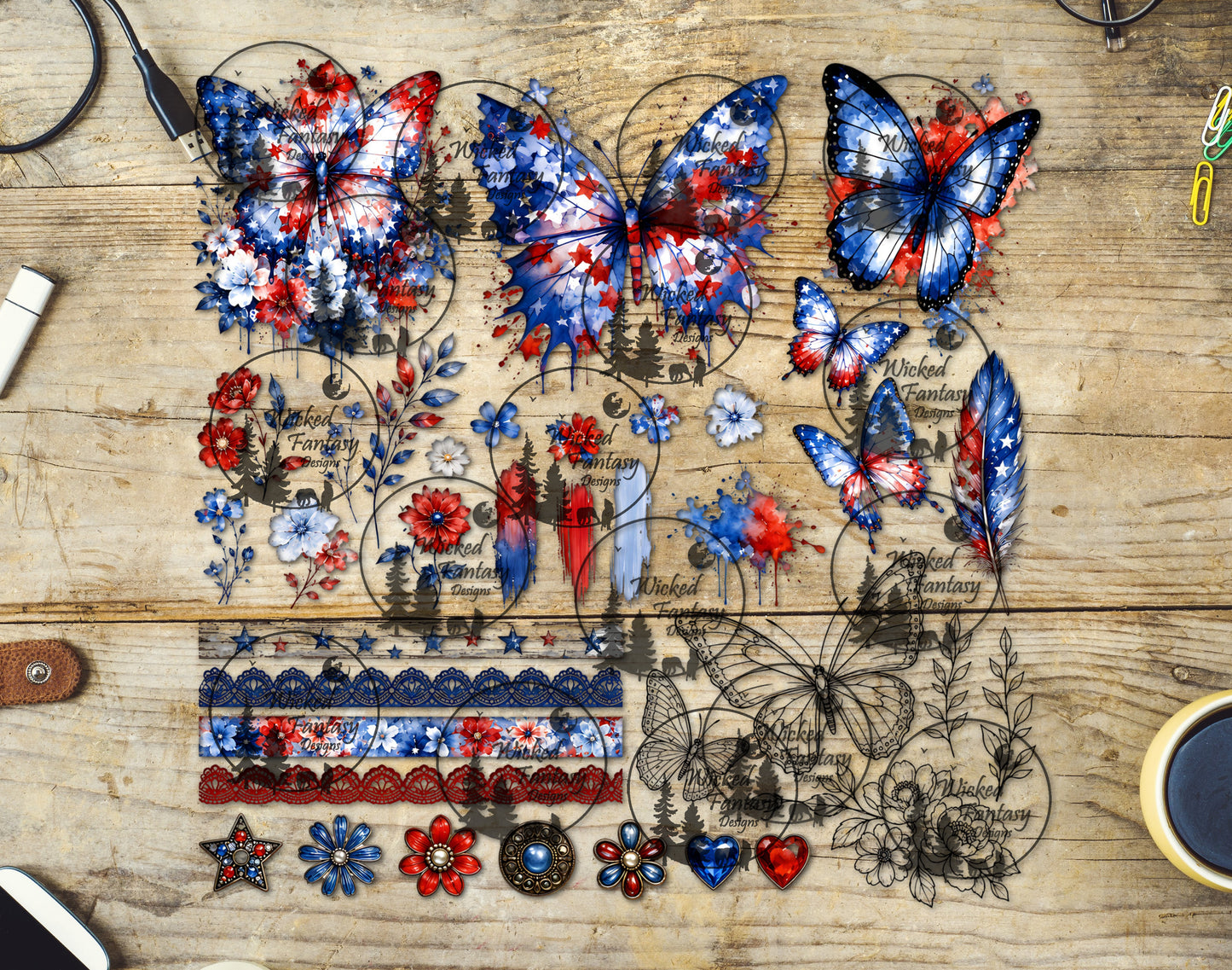 UVDTF Red White and Blue Butterflies 12x12" Multimedia Element Sheet
