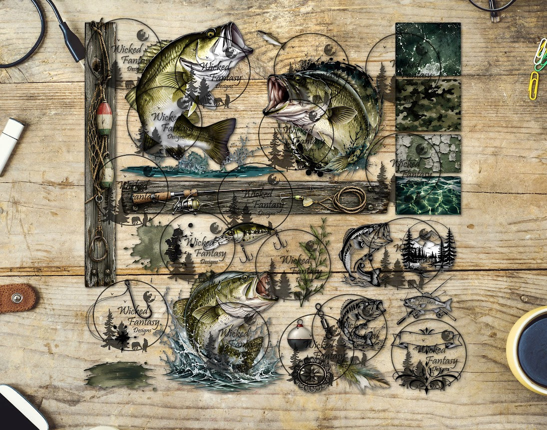 UVDTF Bass Fishing 12x12" Multimedia Element Sheet