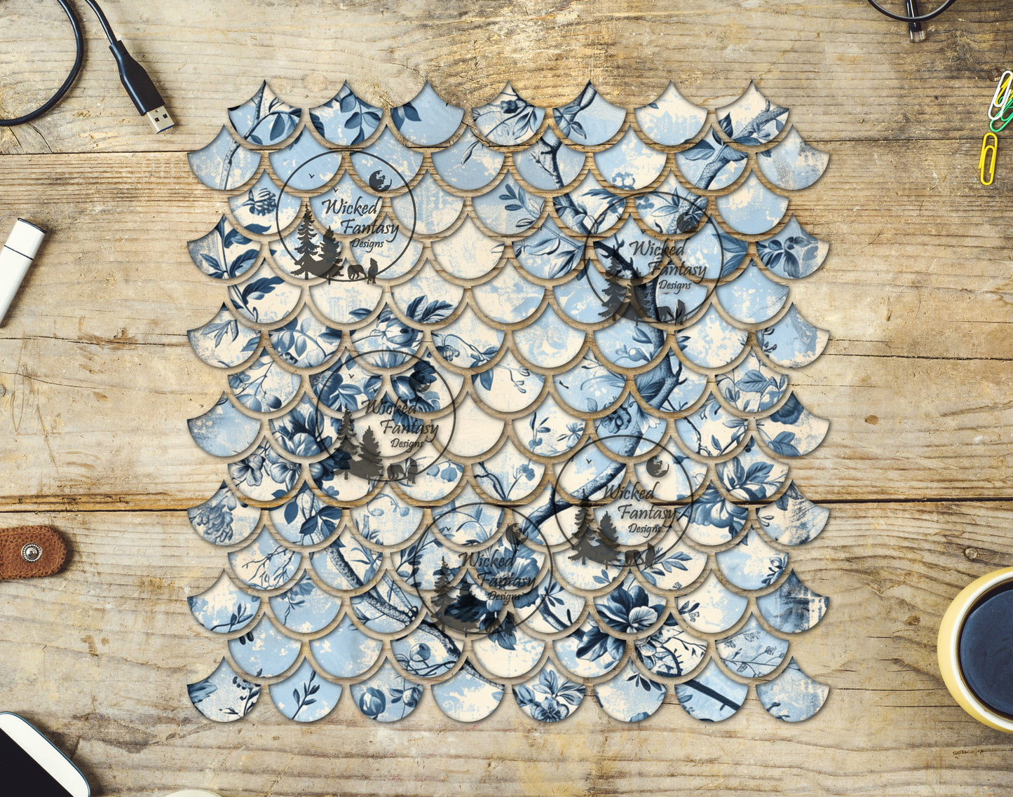 UVDTF Blue Chinoiserie Floral Mermaid Scales 10"x10" Element