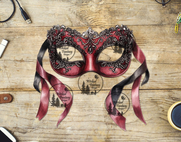 UVDTF Burgundy Filagree Mask with Ribbon